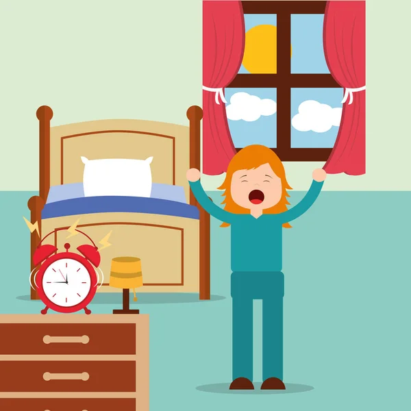 Ragazza svegliarsi e poppa vicino al letto a casa — Vettoriale Stock