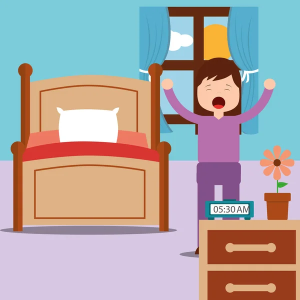 Chica despertando y esteretizando cerca de la cama en casa — Archivo Imágenes Vectoriales