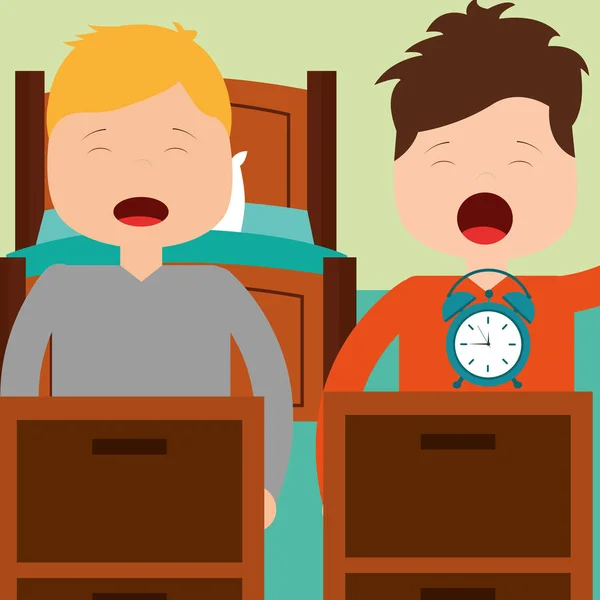 Два мальчика просыпаются с постельными часами в комнате — стоковый вектор