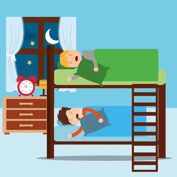 Çocuklar uyuyor gece yatak ranza yataklar — Stok Vektör