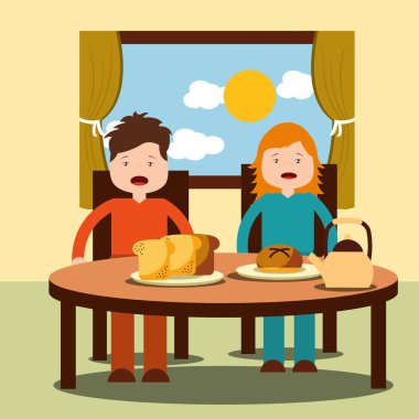 İki çocuk, bir kız ve bir erkek sağlıklı kahvaltı Mısır gevreği, süt, meyve suyu ve meyve.