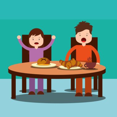 İki çocuk, bir kız ve bir erkek sağlıklı kahvaltı Mısır gevreği, süt, meyve suyu ve meyve.