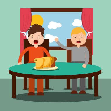 İki çocuk, bir kız ve bir erkek sağlıklı kahvaltı Mısır gevreği, süt, meyve suyu ve meyve.