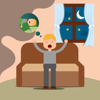 Genç adam kanepede oturan düşünme uyku esneme