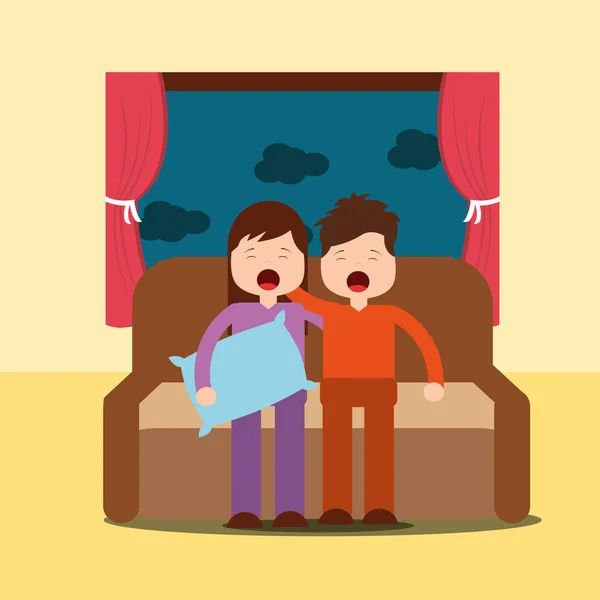 Garçon et fille bâillant avec sommeil assis sur le canapé — Image vectorielle