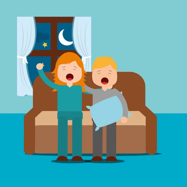 Pojke och flicka gäspningar med sömn som sitter på soffan — Stock vektor