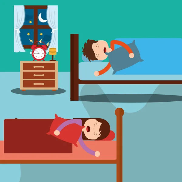 Υπνοδωμάτιο με τα παιδιά που κοιμούνται σε κρεβάτια δωμάτιο κομοδίνο και ρολόι — Διανυσματικό Αρχείο
