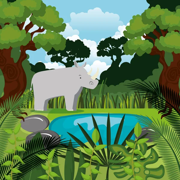 Rhinocéros sauvage dans la jungle — Image vectorielle