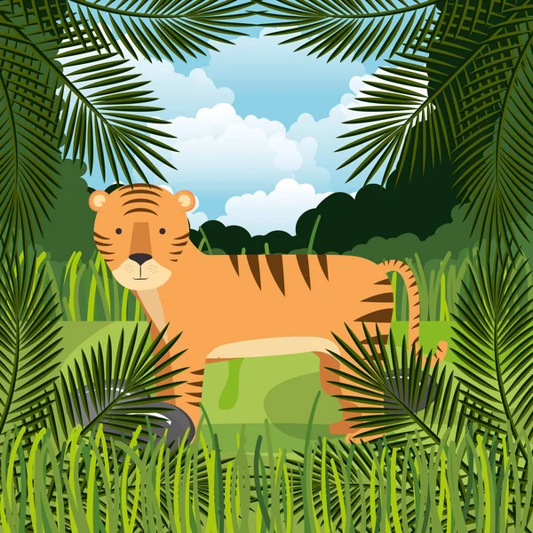 Tigre salvaje en la escena de la selva — Vector de stock