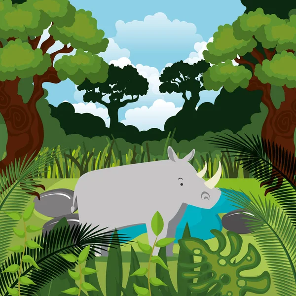 Rinoceronte salvaje en la escena de la selva — Vector de stock