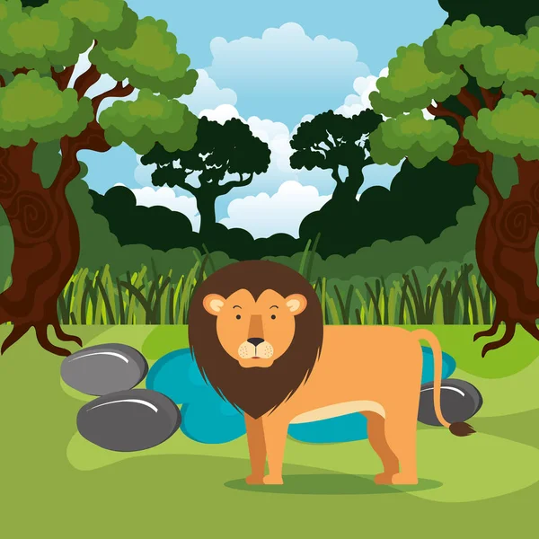 León salvaje en la escena de la selva — Vector de stock