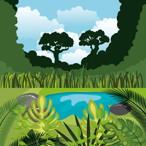 Esőerdők Dzsungel Természetes Jelenet Vektoros Illusztráció Design — Stock Vector
