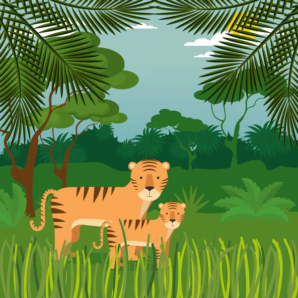 Vadon élő állatok a dzsungelben jelenet — Stock Vector