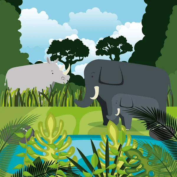 Animales salvajes en la escena de la selva — Vector de stock