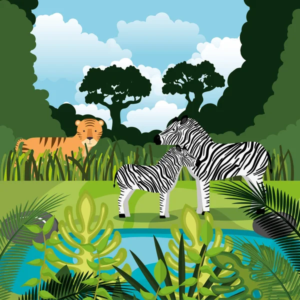 Animales salvajes en la escena de la selva — Vector de stock