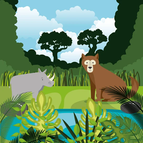 Animales salvajes en la escena de la selva — Vector de stock