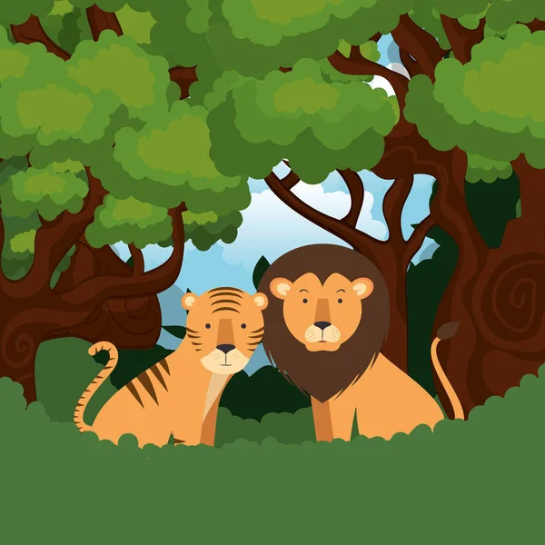 Animales salvajes en la escena de la selva — Vector de stock