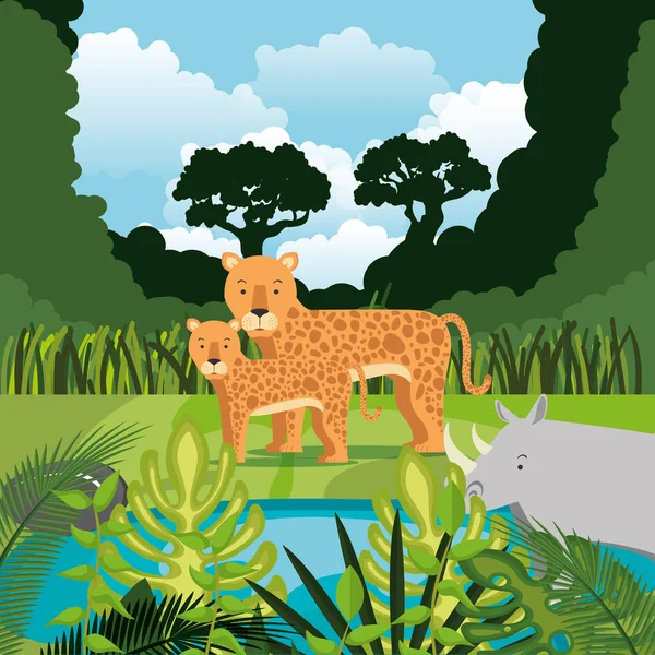 Wildtiere in der Dschungel-Szene — Stockvektor