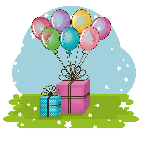 Χαρούμενα Γενέθλια Κάρτα Δώρα Και Μπαλόνια Ηλίου Διανυσματικά Εικονογράφηση Σχεδιασμός — Διανυσματικό Αρχείο
