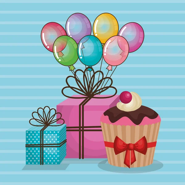 Tarjeta de cumpleaños feliz con regalos y globos de helio — Vector de stock