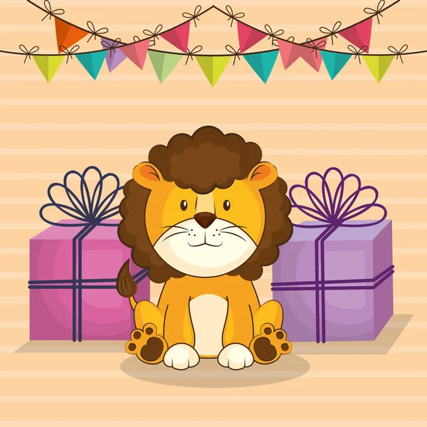 Gelukkig verjaardagskaart met schattig Leeuw — Stockvector