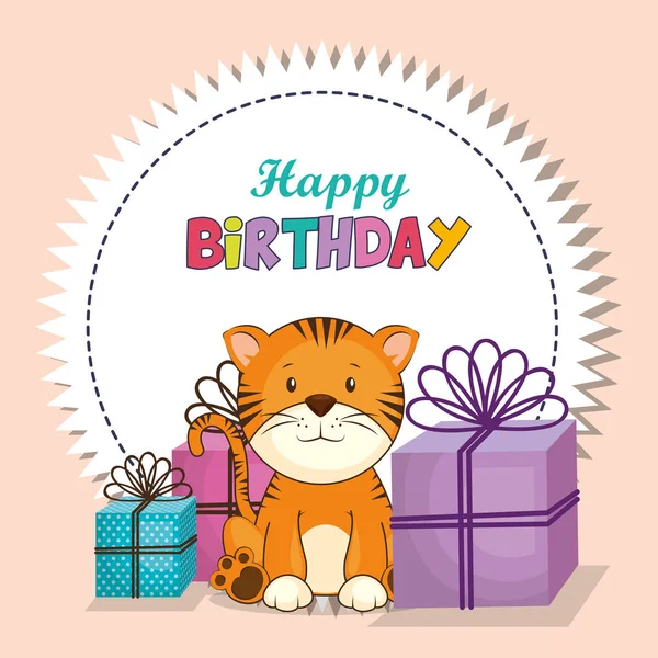Happy birthday card with cute tiger — Stock Vector
