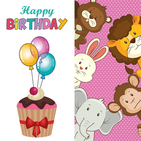 Mutlu doğum günü kartı ile sevimli hayvanlar — Stok Vektör