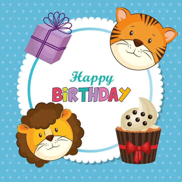 Feliz Cumpleaños Tarjeta Con Animales Lindos Vector Ilustración Diseño — Vector de stock