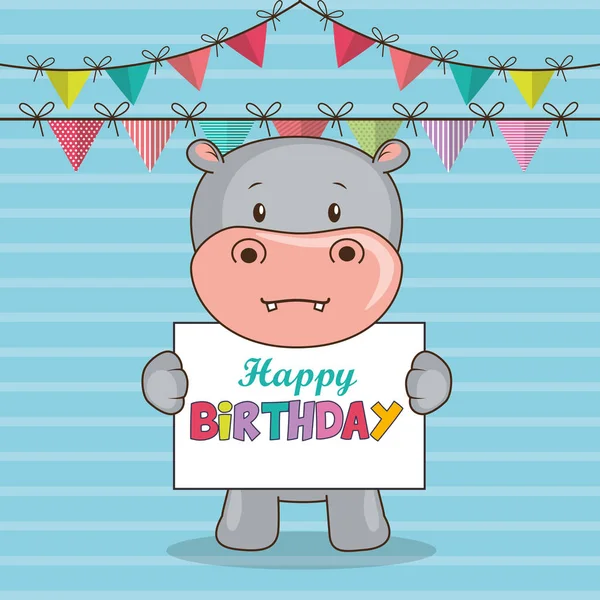 Cartão de aniversário feliz com hipopótamo bonito — Vetor de Stock