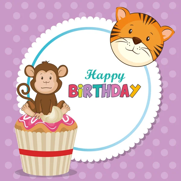 Cartão de aniversário feliz com animais bonitos — Vetor de Stock