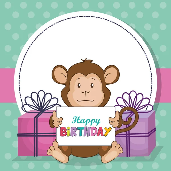 快乐的生日贺卡与可爱的猴子 — 图库矢量图片