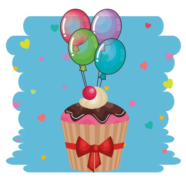 Tarjeta de cumpleaños feliz con cupcake y globos helio — Archivo Imágenes Vectoriales