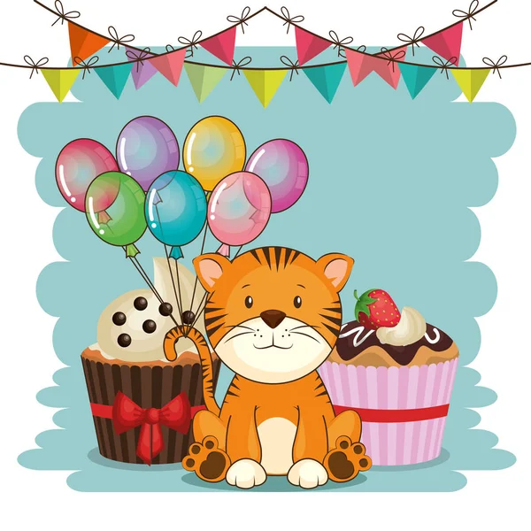 Χαρούμενα γενέθλια κάρτα με χαριτωμένο τίγρη — Διανυσματικό Αρχείο