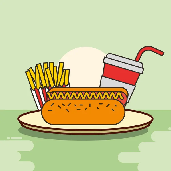 Hot dog papas fritas y refrescos comida rápida — Archivo Imágenes Vectoriales