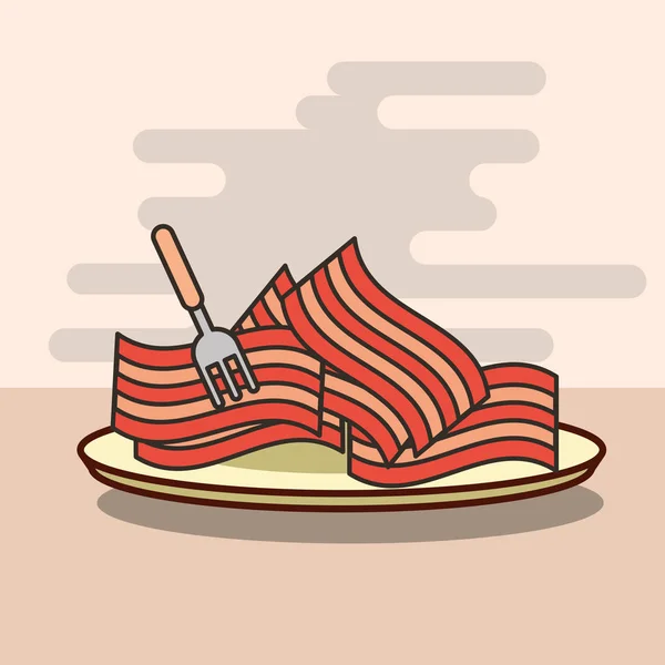 Deliciosos pedaços de bacon em prato com garfo — Vetor de Stock