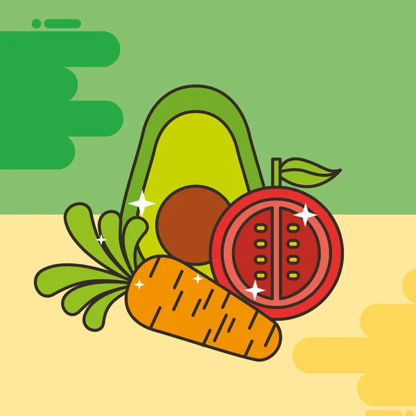 Avokádó paradicsom és a sárgarépa zöldségek egészséges ételek — Stock Vector