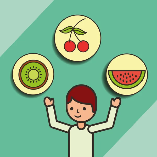 Desenho animado menino com frutas cereja kiwi morango — Vetor de Stock