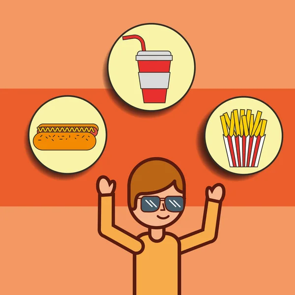 Niño de dibujos animados con comida rápida hotdog soda papas fritas — Archivo Imágenes Vectoriales