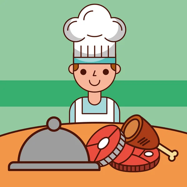 Chef boy dibujos animados y servicio de comida carne pescado pollo — Vector de stock