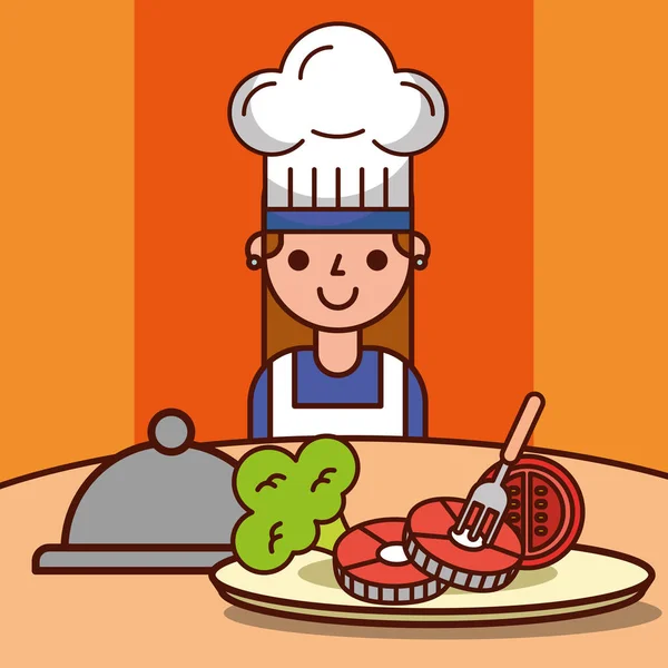 Szef kuchni dziewczyna kreskówka obiad przygotowanie ryby pomidor brokuły — Wektor stockowy