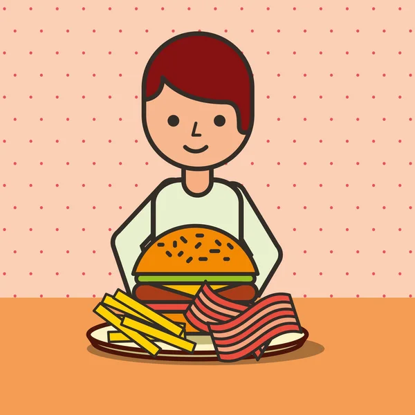 Garçon dessin animé manger hamburger bacon et frites — Image vectorielle