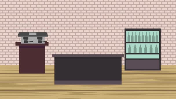 カウンター席クーラーとメーカー コーヒー マシン ショップ アニメーションの背後にあるバリスタ — ストック動画
