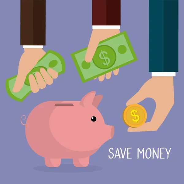 Hand met munten en piggy besparingen — Stockvector