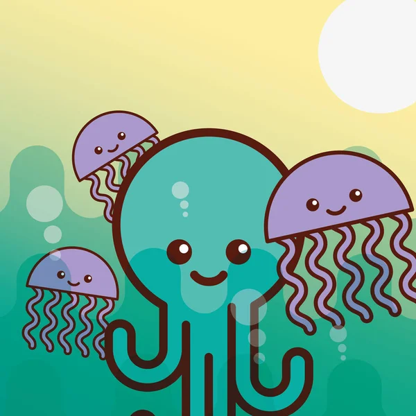 Octupus méduses mer vie dessin animé — Image vectorielle