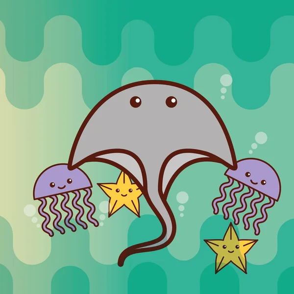 Stingray jellyfish starfish morza życia kreskówka — Wektor stockowy