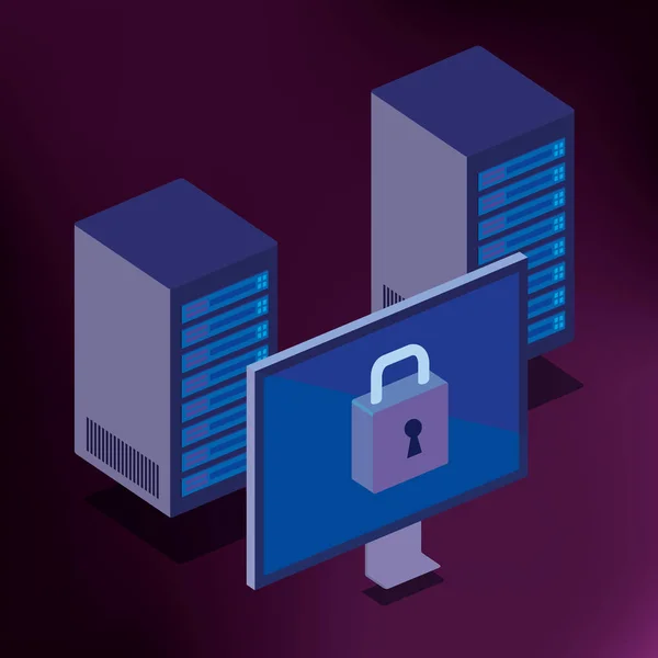 isometric desktop and padlock cyber security