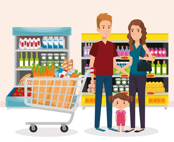 Estanterías de supermercados con compra familiar — Vector de stock