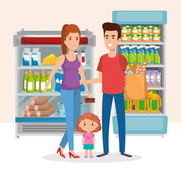Estanterías de supermercados con compra familiar — Archivo Imágenes Vectoriales
