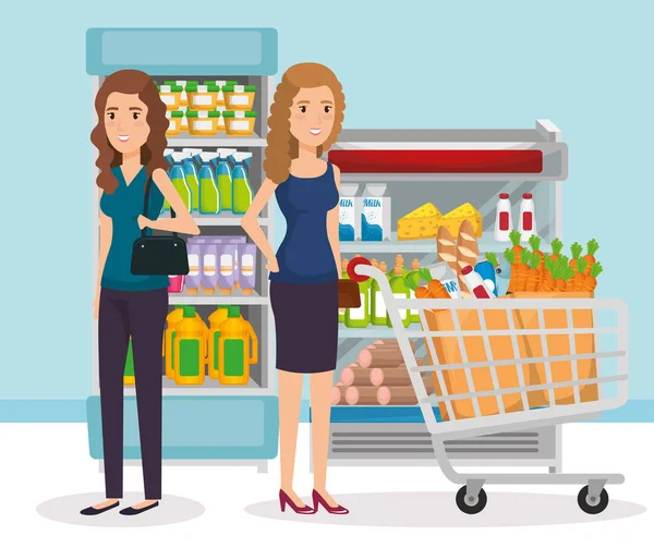 Regály s lidmi, nákup v supermarketu — Stockový vektor