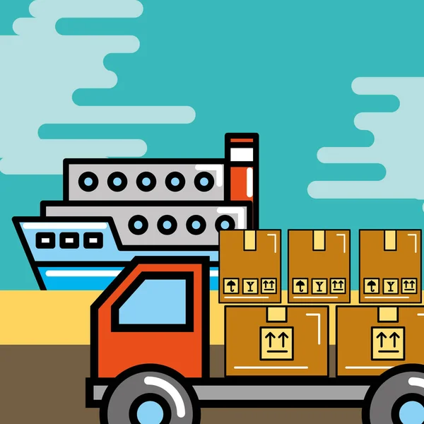 Containerfartyg och lastbil pappkartonger logistik och leverans — Stock vektor